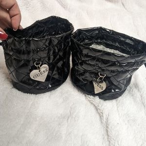 2 Guess Black Quilted Faux Leather Pleather Silver Heart Drawstring mini Bag